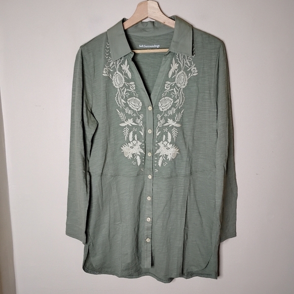Soft Surroundings Spring Thaw Embroidered Tunic Top Sage Green - Picture 3 of 8